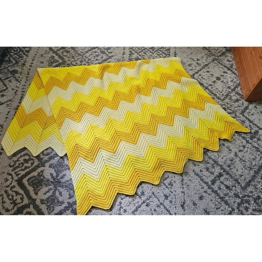 Vintage Crochet Chevron Ripple Blanket Yellow Ombre Cottagecore Throw Handmade